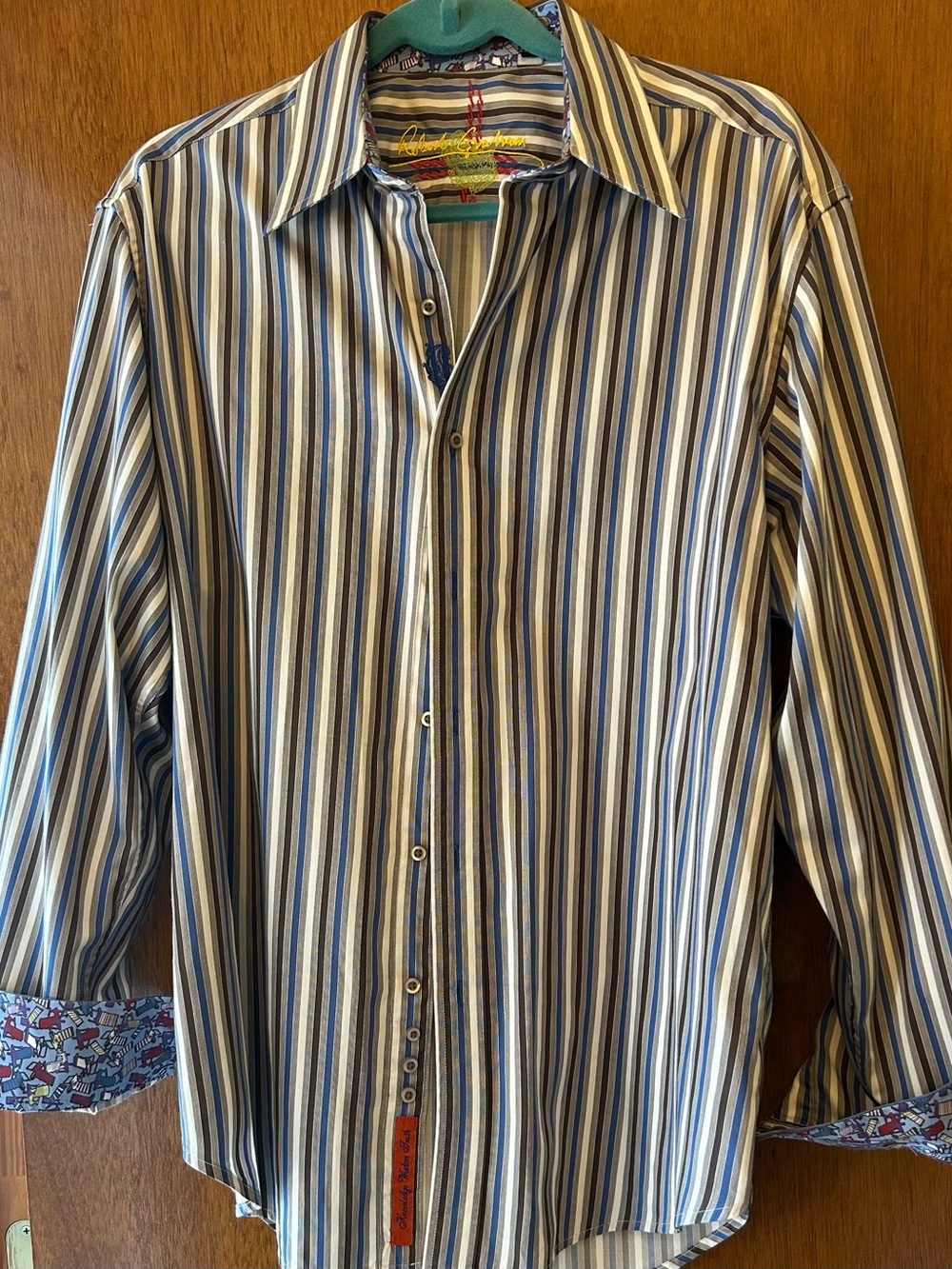 Robert Graham Men’s Blue Brown Striped Button Up Shirt - patterned Flip Cuffs